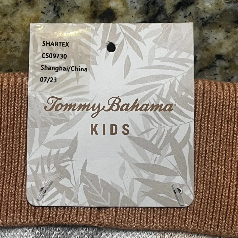 Tommy Bahama Kids Knit Beanie Tan White Buffalo Plaid Pom‎ Pom Winter Hat